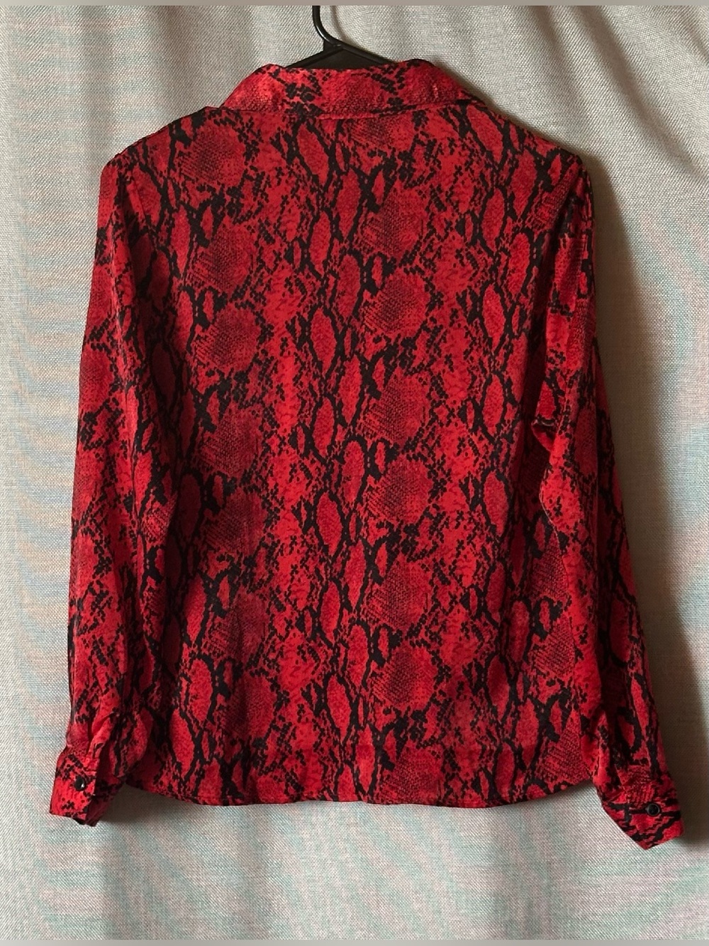 Lily Star•snake print long-sleeve button-down blouse•small•polyester•red & black - Picture 2 of 16